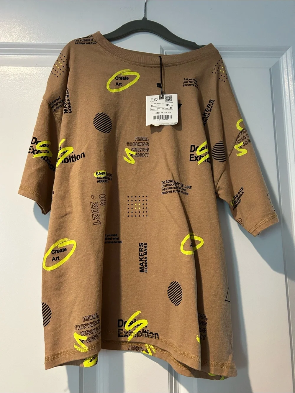Zara Beige Graphic Tee with Neon Yellow Accent